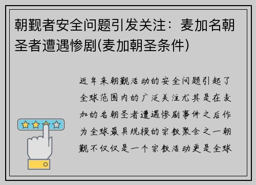 朝觐者安全问题引发关注：麦加名朝圣者遭遇惨剧(麦加朝圣条件)